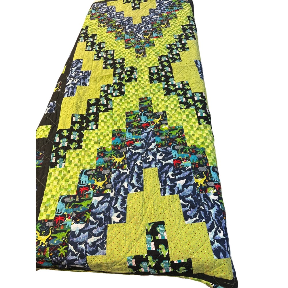 Handmade Dinosaur Shark Patchwork Quilt Green Blue Black 42x71 Kids baby Blanket